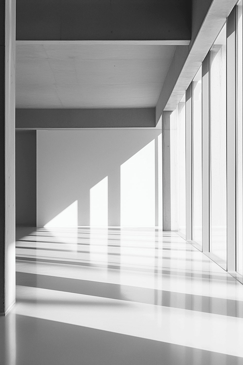 Arquitetura minimalista em preto e branco com feixes de luz e sombra no piso