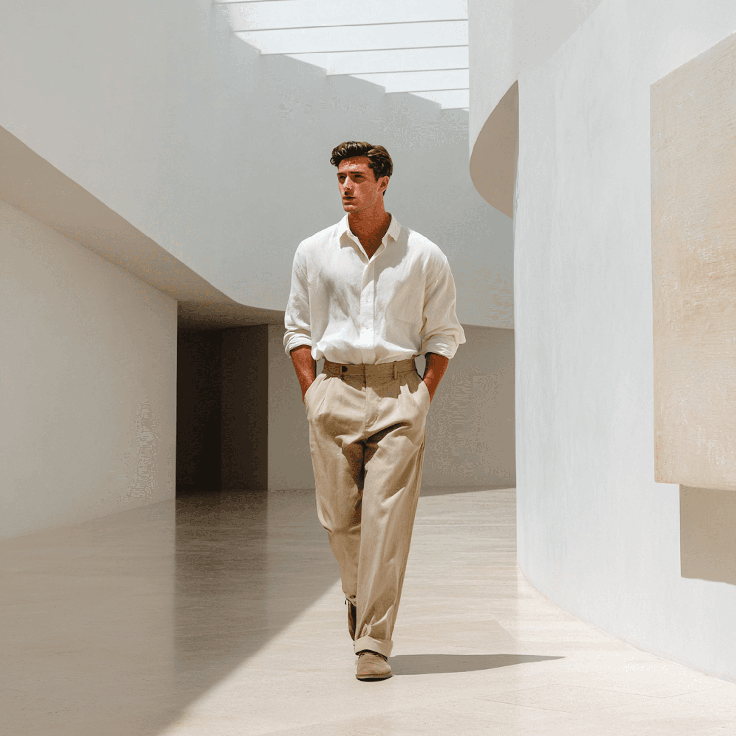 Homem de camisa branca e calça bege caminhando por um corredor de arquitetura minimalista banhado de luz natural
