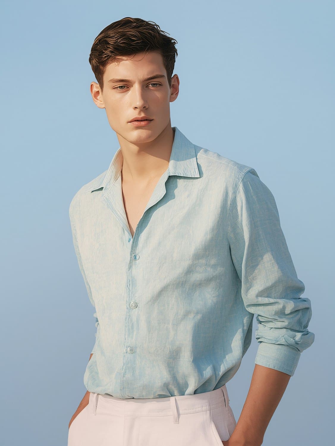 Homem vestindo camisa azul-claro de mangas dobradas